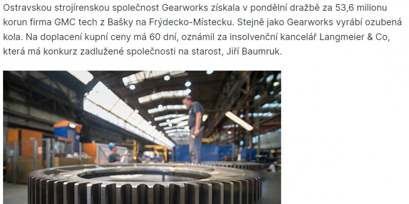 Úspěšná dražba společnosti Gearworks a.s.